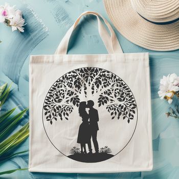 An ornate vector design of a tree with a romantic couple embracing in its foliage.