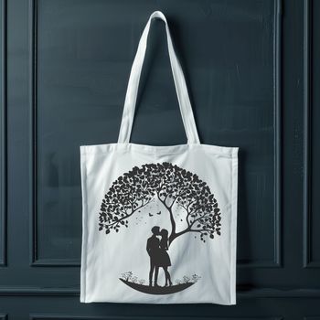 A stylized illustration of two figures embracing under a tree, symbolizing love and romance.