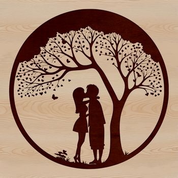A stylized illustration of a tree with intertwined branches and leaves, symbolizing love and romance.