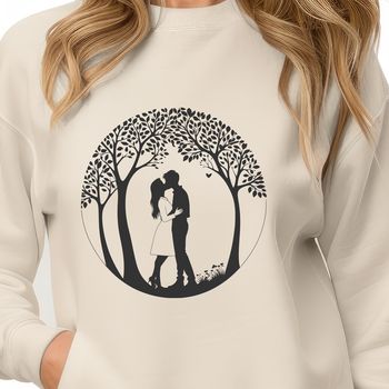 A stylized illustration of a tree with intertwined branches and leaves, symbolizing love and unity.