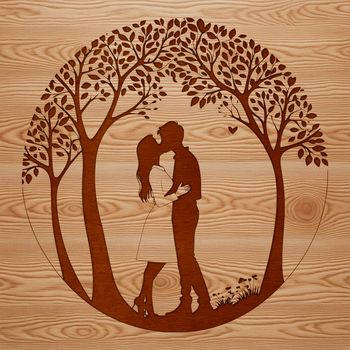 A pair of lovers embracing under the branches of a stylized tree, ideal for Valentine's Day or wedding celebrations.