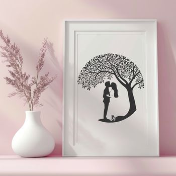 An ornate design featuring a pair embracing under a blossoming tree, perfect for Valentine's Day or wedding celebrations.