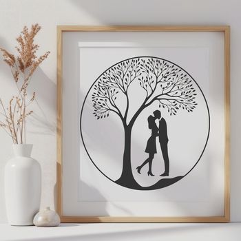 An illustration of a couple embracing under the branches of a tree, symbolizing love and unity.