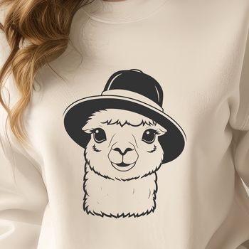 Close-up illustration of a South American alpaca wearing a hat.