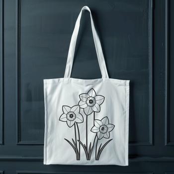 A stylized illustration of a daffodil flower with white trumpet-shaped blooms and yellow petals.