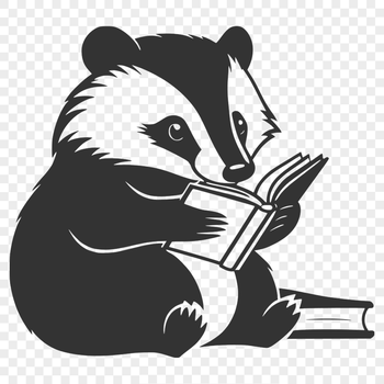 A cute illustration of a badger sitting on its haunches reading a book.