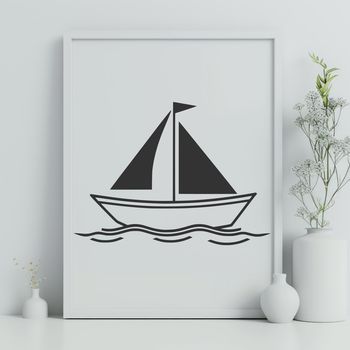 A simple line art illustration of a sailboat on calm waters, suitable for vector design and cutting machine stencils.