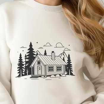 A simple line-drawn illustration of a cozy wood cabin with a pitched roof and tree surroundings.