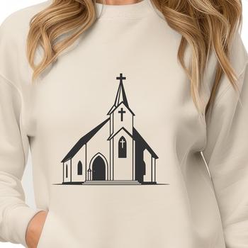 A detailed vector illustration of a traditional Christian church building with architectural features.