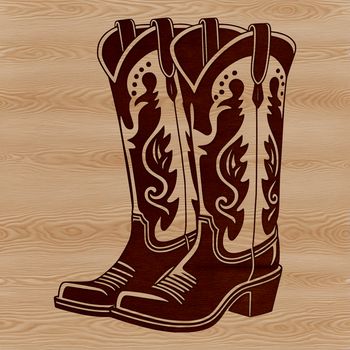 A pair of traditional cowboy boots made from leather, featuring intricate stitching and decorative elements.