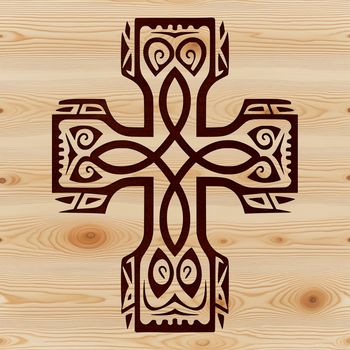 A stylized graphic representation of a Christian crucifix with ornate details.
