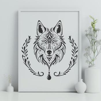 A vector graphic representation of a wolf's head in bold lines and simple shapes.