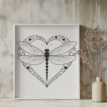 A colorful dragonfly design featuring interlocking love hearts in its wings.