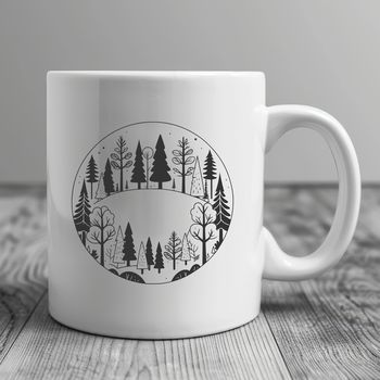 A detailed illustration of a forest landscape with various types of trees and foliage.