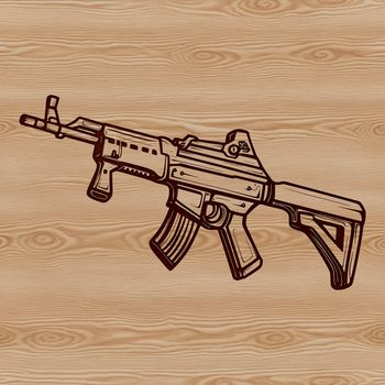 A detailed, 2D illustration of a rifle with intricate design elements.