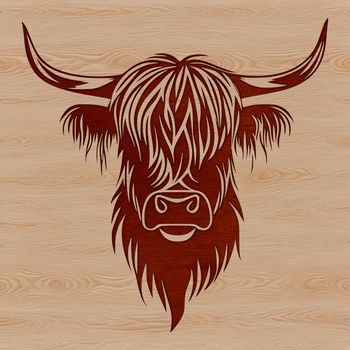 A detailed illustration of a Highland Cow's head with distinctive horns, suitable for vector designs.