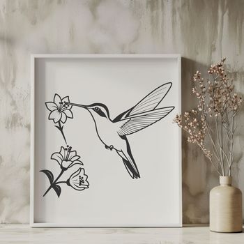 A vector graphic of a hummingbird perched on a branch amidst lush green foliage.