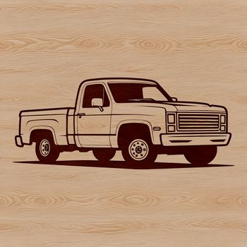 Rustic pickup truck illustration with detailed design elements suitable for vector art and clipart.