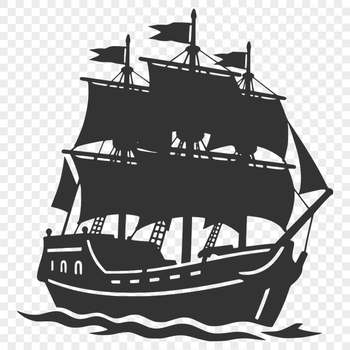 A vector design featuring a swashbuckling pirate in sailing attire with a background suggestion of waves and sea spray.