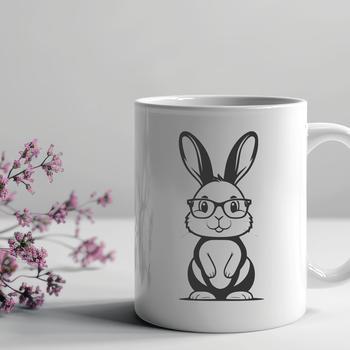 A cartoon rabbit sitting on its haunches, wearing glasses.