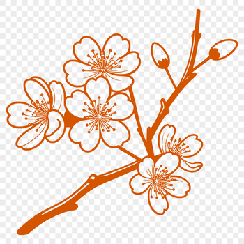 An intricate design featuring a detailed cherry blossom plant with delicate petals and branches.