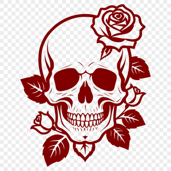 A stylized, ornate skull surrounded by floral elements and Gothic architecture details.
