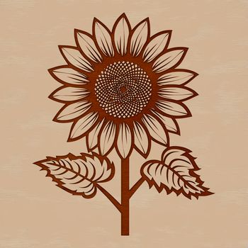 A stylized illustration of a sunflower plant with bright yellow petals and dark center.