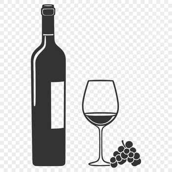 A digital illustration of a glass filled with red wine next to a bottle.