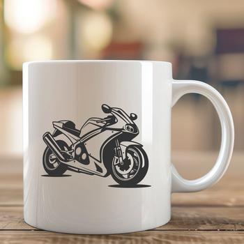A stylized illustration of a motorcycle with sleek lines and minimal details.