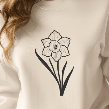 A stylized illustration of a blooming daffodil flower against a simple background.