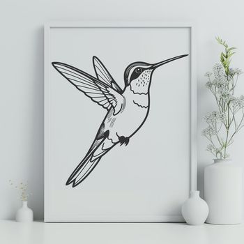 An isolated design element featuring a hummingbird in mid-air, created with precision digital art techniques.