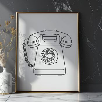 An SVG graphic design of a traditional landline phone with rotary dial.