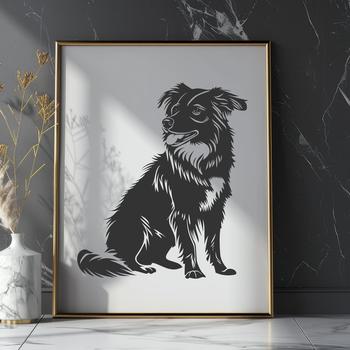 An illustration of a sitting Australian Shepherd dog in profile.