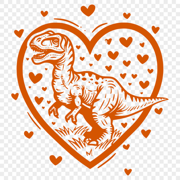 A full-body illustration of a prehistoric dino, adorned with heart symbols.