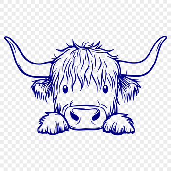 A Highland Cow with its head peeking out from behind a fence on a rural farm landscape.