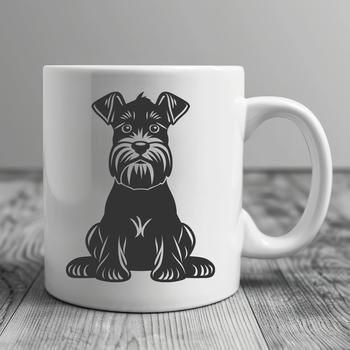 An SVG vector drawing of a seated miniature schnauzer in simple line art style.