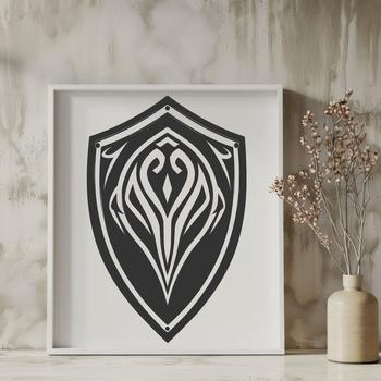 A graphic shield design with intricate details, suitable for digital cutting machines like Cricut or laser cutters.