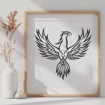 A mythical creature with wings spread wide, rising from flames in a majestic pose.