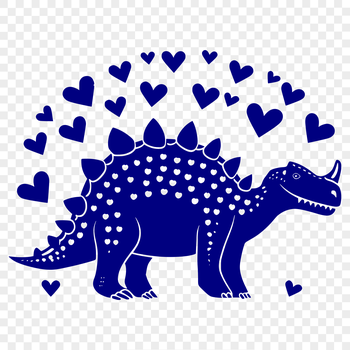 A stylized, full-body illustration of a prehistoric dinosaur surrounded by heart symbols.