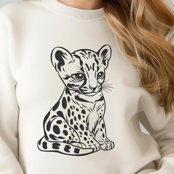 A detailed illustration of a sitting ocelot, showcasing its distinctive coat patterns.