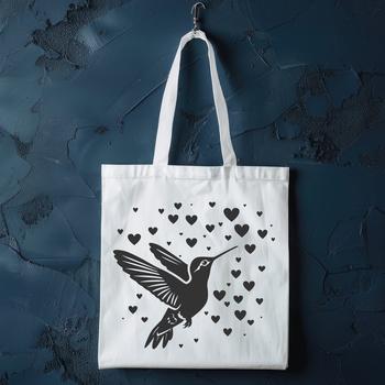 A colorful hummingbird in flight, fully illustrated with intricate details.