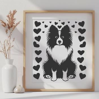A full-body illustration of a Shetland sheepdog sitting on its haunches, with heart motifs surrounding it.