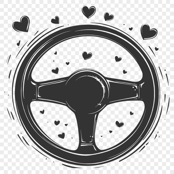 A detailed, illustrative design of a steering wheel with heart-shaped accents.