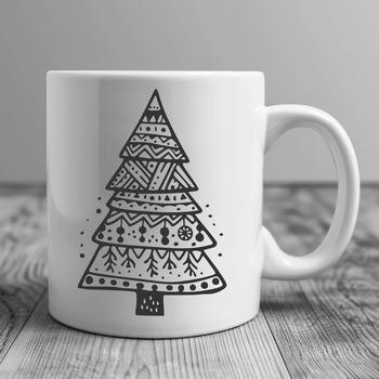 A detailed illustration of a festive Christmas tree with ornaments.