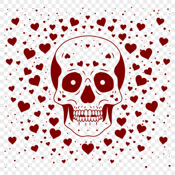 A colorful skull design featuring love hearts, suitable for tattoo inspiration or Halloween decorations.