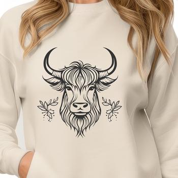 A highland cow's head with distinctive horns, suitable for use in farm-themed designs.