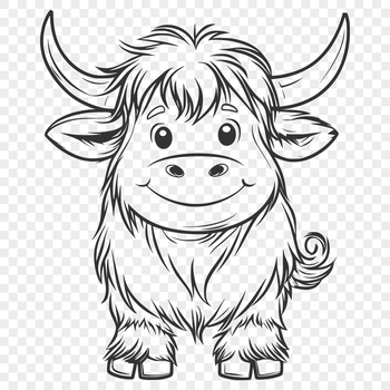 A standing Highland cow with shaggy coat and curved horns.
