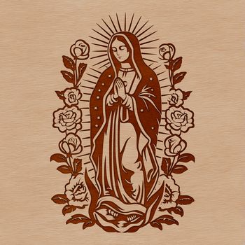 Image of a religious icon featuring the Virgin Mary in ornate floral patterns.