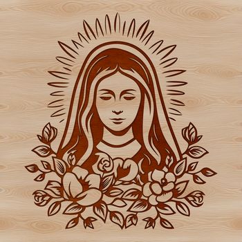 Ornate illustration of the Virgin Mary with floral motifs in her hair.