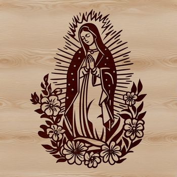 A detailed vector representation of Our Lady of Guadalupe in traditional religious attire with intricate designs.